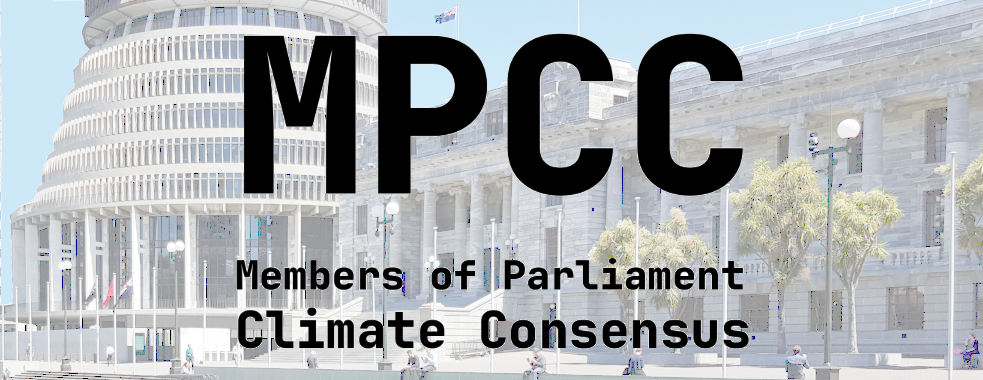 MPCC: Members of Parliament Climate Consensus. The title sits over a faded photo of the Beehive and Parliament House in Wellington.